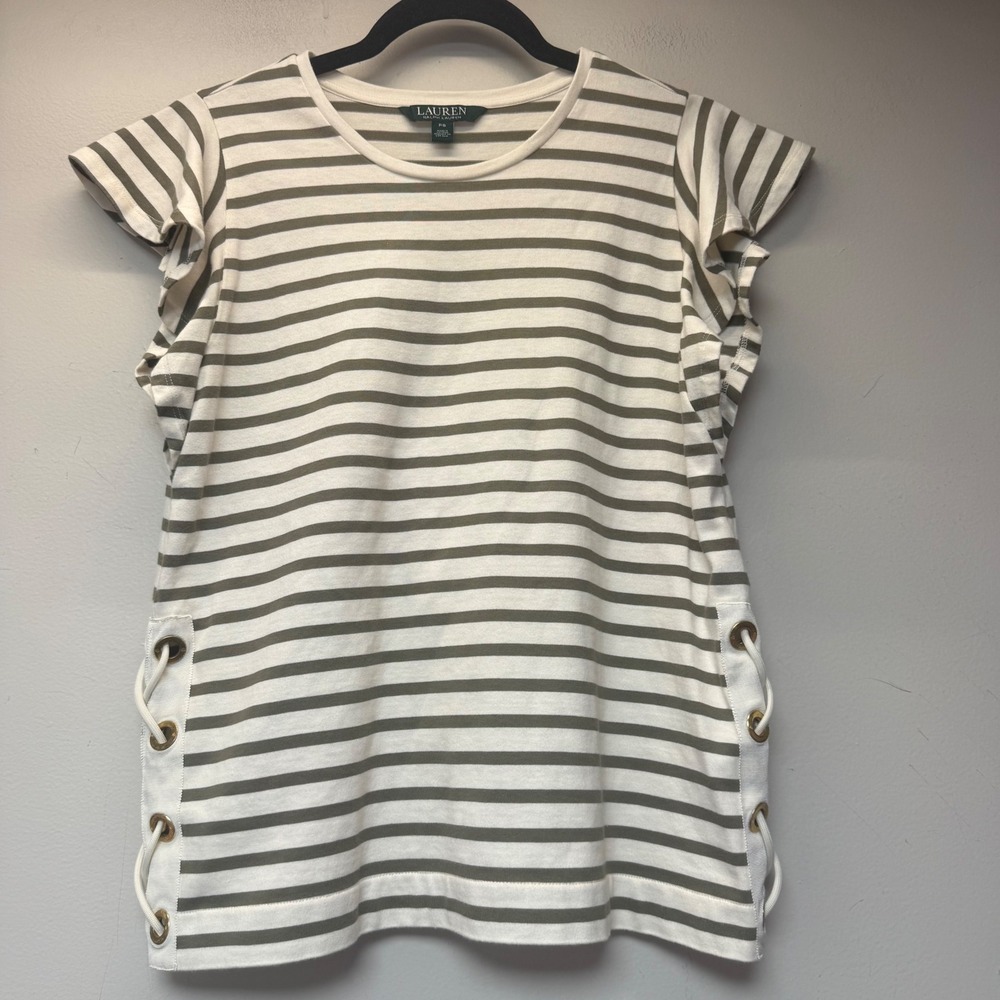 Lauren Ralph Lauren Top Womens PS Green Striped Excellent Flutter Lace Up 9563
